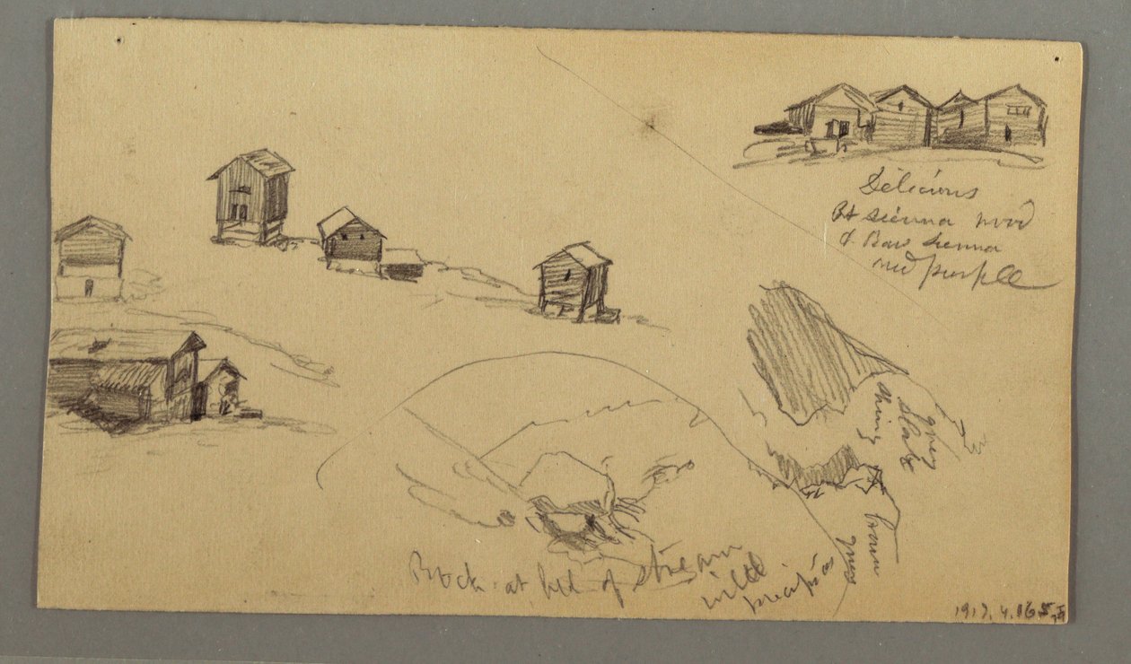 Details von Berghütten, Häusern und einem Felsen, Berner Alpen, Schweiz, 3. September 1868 von Frederic Edwin Church
