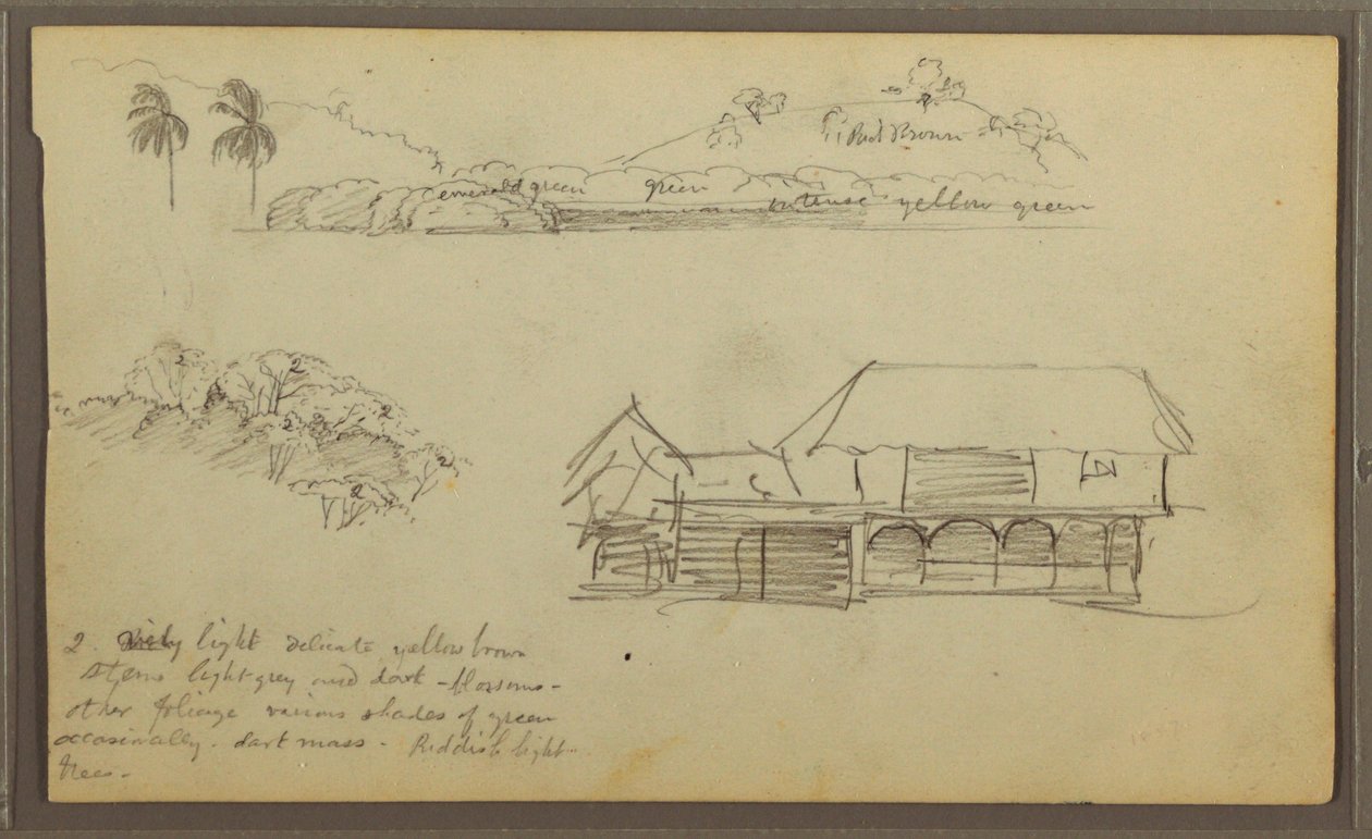 Zeichnung, Landschaft, Baumwipfel, Haus, 1857 von Frederic Edwin Church