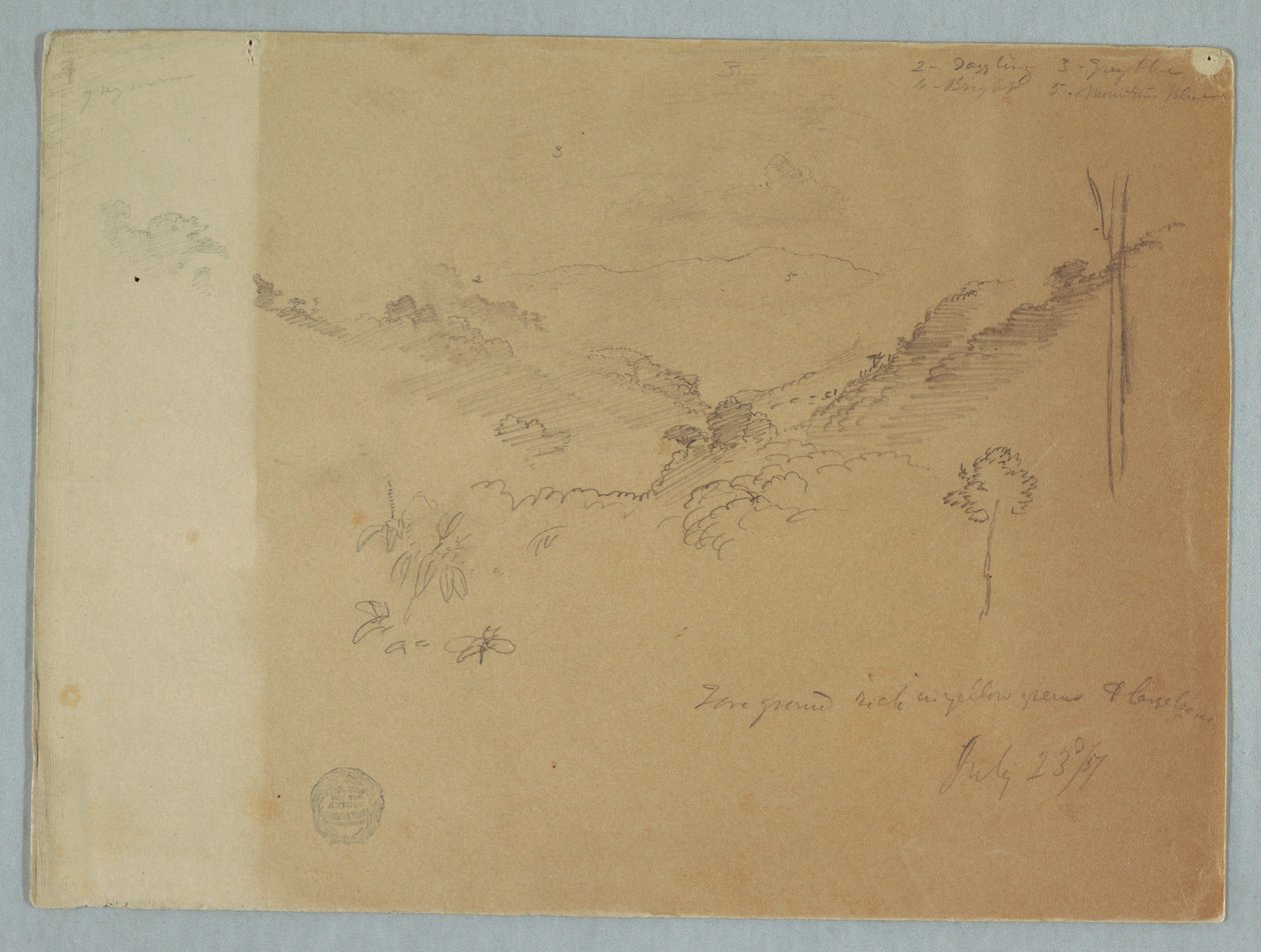 Zeichnung, Berglandschaft in der Nähe von Jorje, Ecuador, 23. Juli 1857 von Frederic Edwin Church