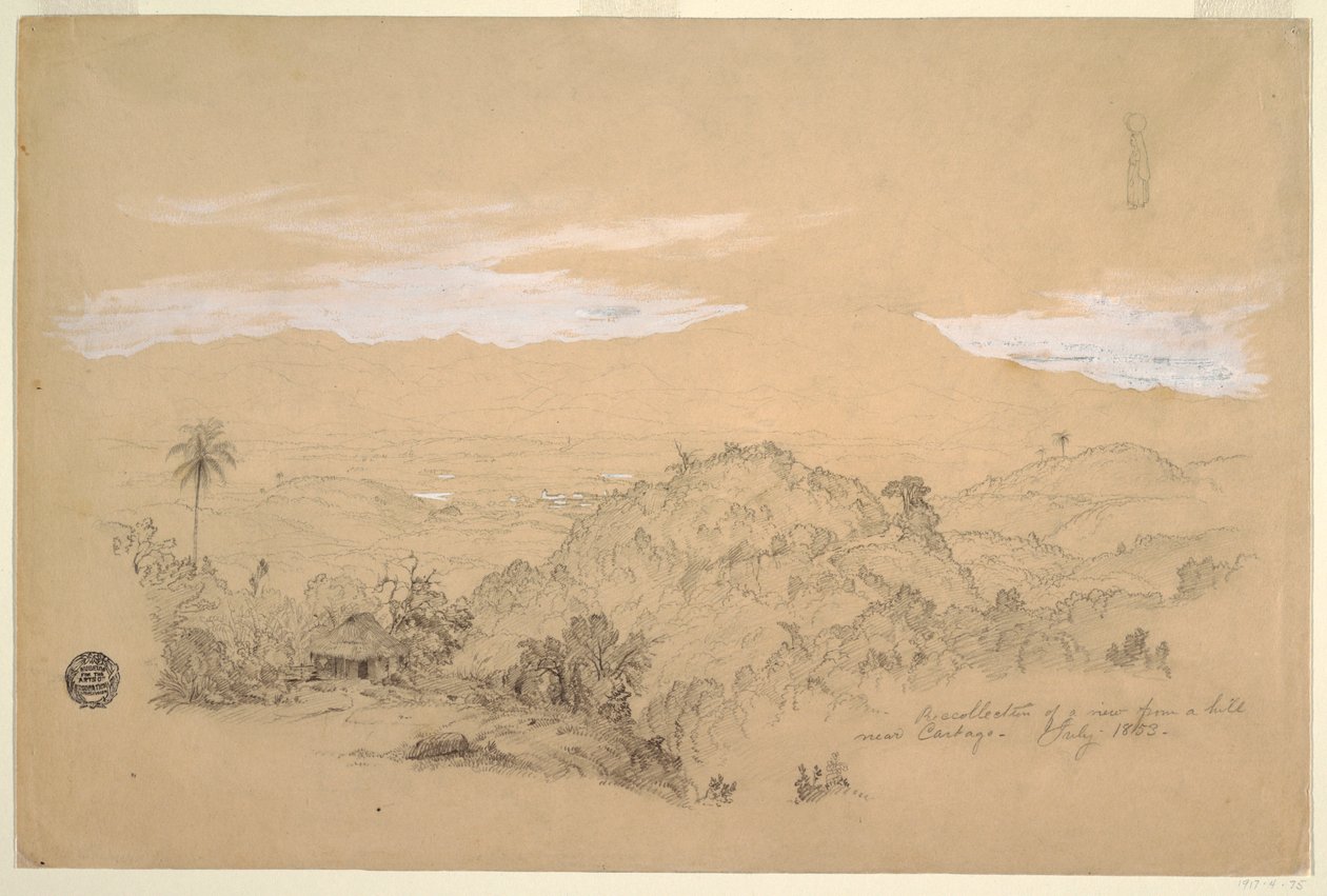Erinnerungen an eine Aussicht von einem Hügel in der Nähe von Cartago, Kolumbien mit einer Frau, die einen Wasserkrug auf dem Kopf trägt, Juli 1853 von Frederic Edwin Church