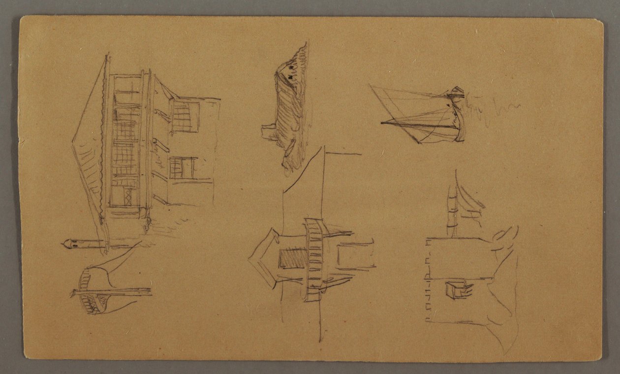 Zeichnung, Holzhaus, Zwei Segelboote, Dachstudien, möglicherweise 1868 von Frederic Edwin Church