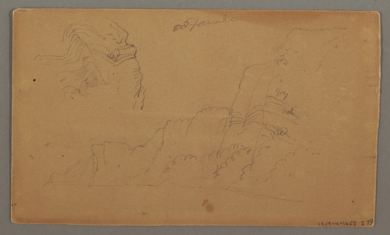 Zeichnung, Holzhaus, Zwei Segelboote, Dachstudien, möglicherweise 1868 von Frederic Edwin Church