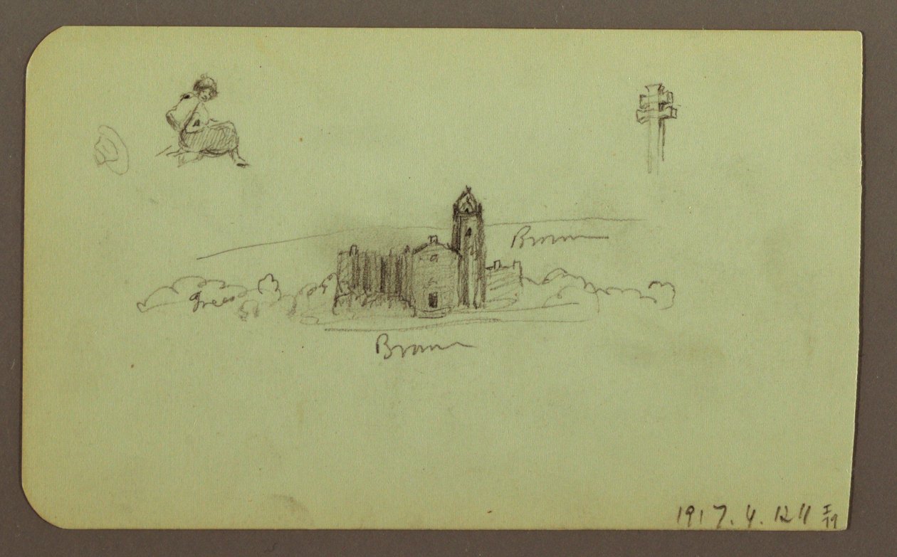 Hügel, Kirche, Brücke; Verso: Figur, Kreuz, Kirche, 1883 von Frederic Edwin Church