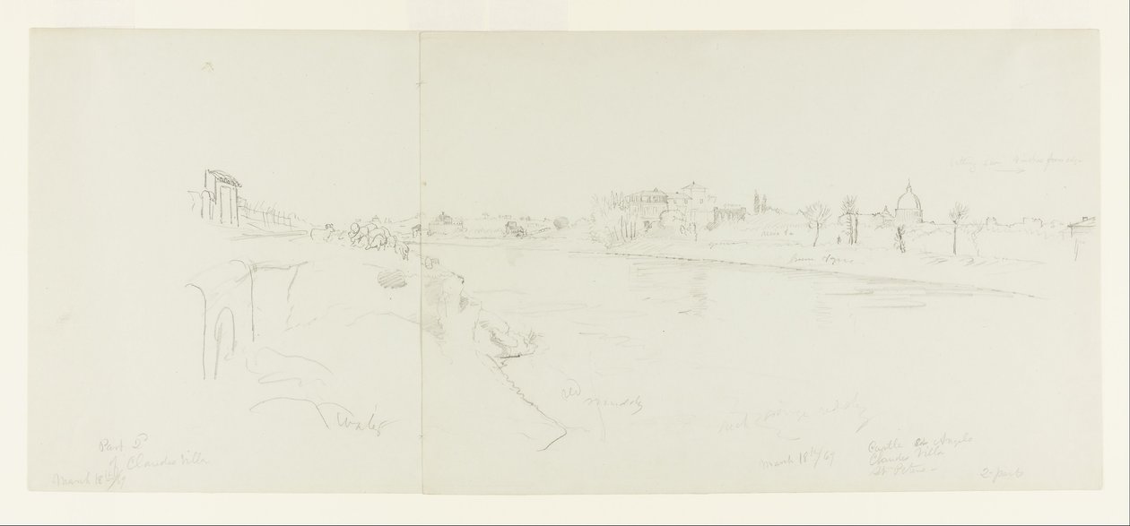 Landschaftsansicht von Rom vom Ufer des Tiber, mit Fernblick auf die Engelsburg, Claudes Villa und die Basilika St. Peter, Teil 1 von Frederic Edwin Church