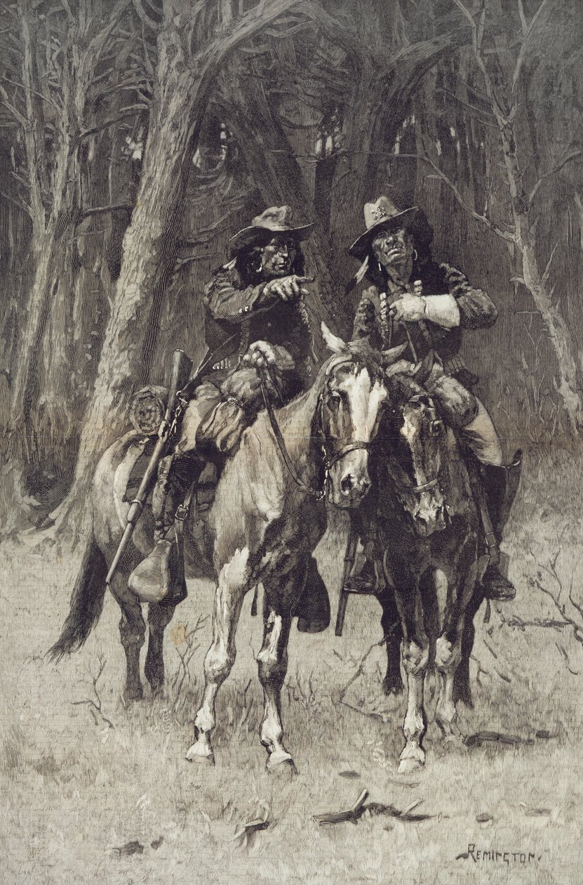 Cheyenne-Scouts patrouillieren im großen Wald des Nordkanadiers, Oklahoma, 6. April von Frederic Remington