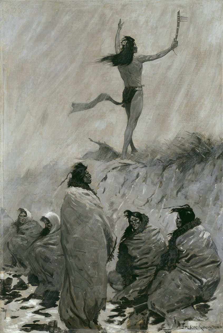 Der Feuerschlucker hob seine Arme zum Donnervogel von Frederic Remington