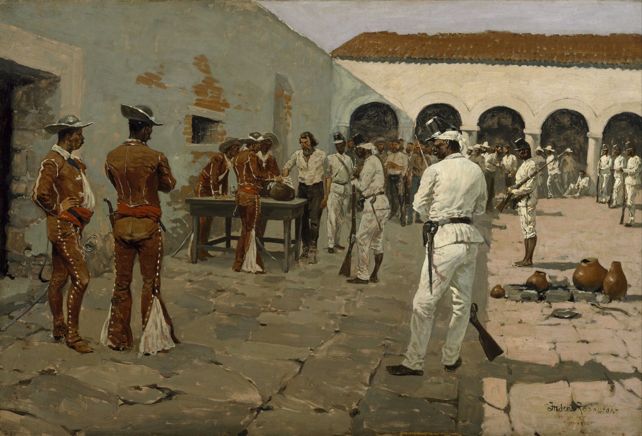 Die Mier-Expedition: Die Ziehung der schwarzen Bohne (Gefangene ziehen ihre Bohnen) von Frederic Remington