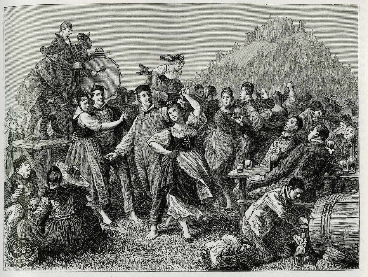 Fete des patres am Hohneck (Vogesen), Sonntag nach St. Johann. Gravur von F. Lix zur Illustration der Geschichte „Durch Elsass und Lothringen“ 1884, von Charles Grad (1842-1890), deutscher Abgeordneter, Schriftsteller und Naturforscher. Veröffentlicht in L von Frederic Theodore Lix