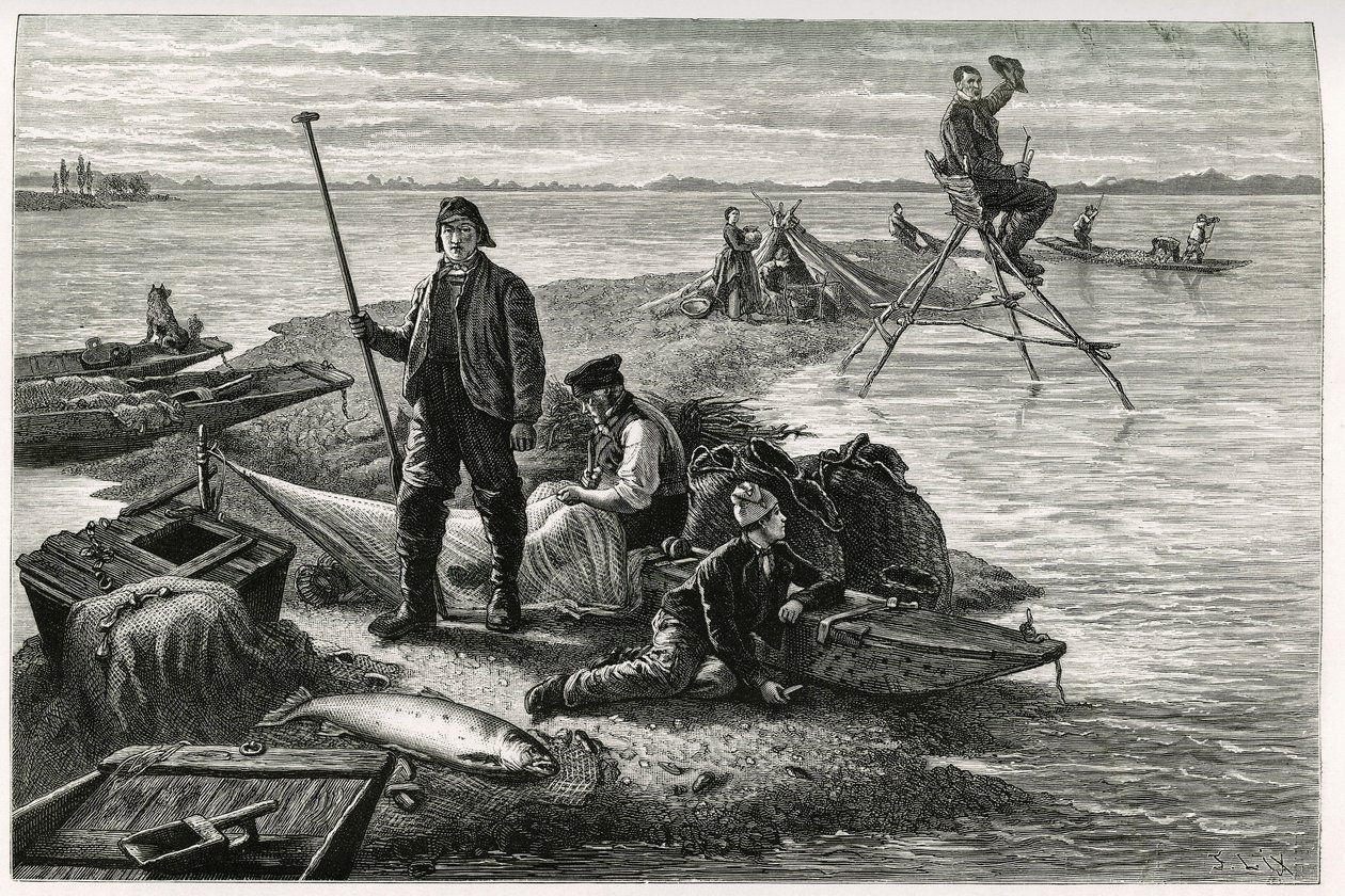 Lachsfang. Gravur von F. Lix, zur Illustration der Geschichte „Durch Elsass und Lothringen“ von Charles Grad (1842-1890), veröffentlicht in Le Tour du monde, 2. Semester 1885 von Frederic Theodore Lix