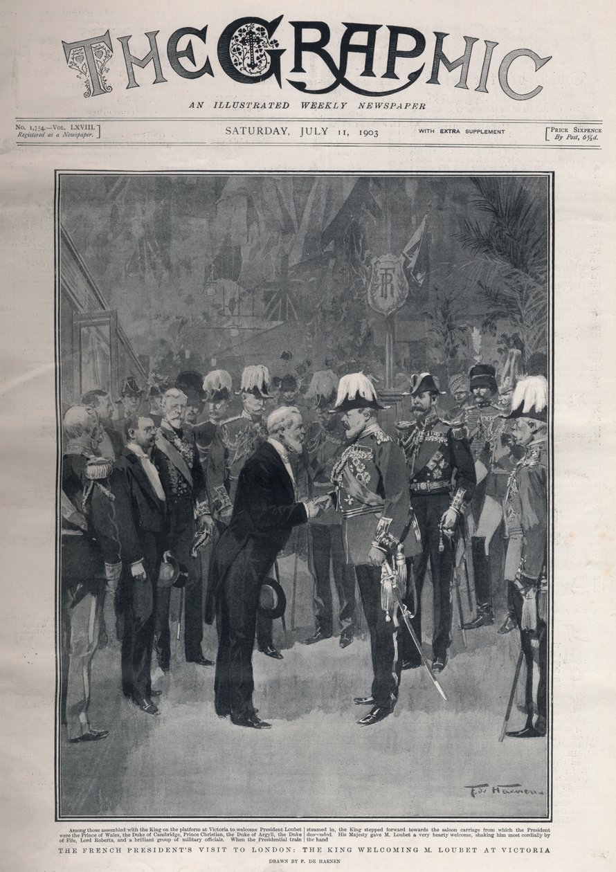 Entente cordiale: der Besuch des französischen Präsidenten Emile Loubet in London. König Edward VII. begrüßt M. Loubet am Victoria-Bahnhof von Frederic de Haenen