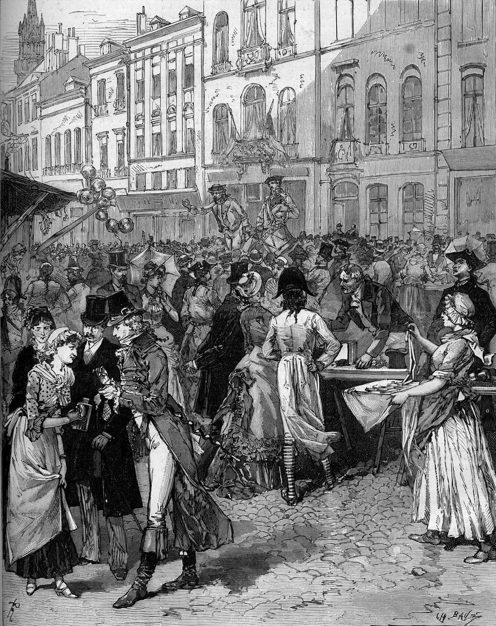 Historische Feier zur Erinnerung an die Belagerung von Lille im Jahr 1792: die Braderie Watteau (großer Jahrmarkt) in den Straßen der Stadt mit den modischen Einwohnern des 18. Jahrhunderts. Gravur von De Haenen in „Le Monde Illustré“ Nr. 1334 vom 21. Okto von Frederic de Haenen