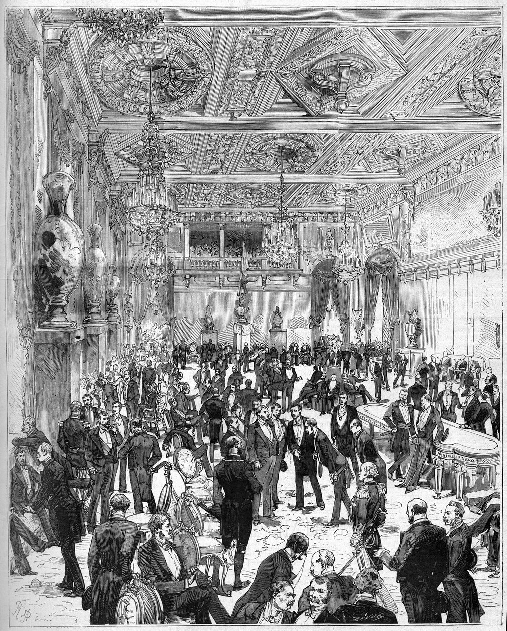 Einweihung des Hôtel de Ville de Paris am 14. Juli 1882, wiederaufgebaut nach dem Brand von 1871: Blick auf den Stadtratssaal bei der Ankunft von Präsident Jules Grévy (1807-1891). Gravur von De Haenen und Dosso in „Die illustrierte Welt“ Nr. 1321 vom 22.  von Frederic de Haenen