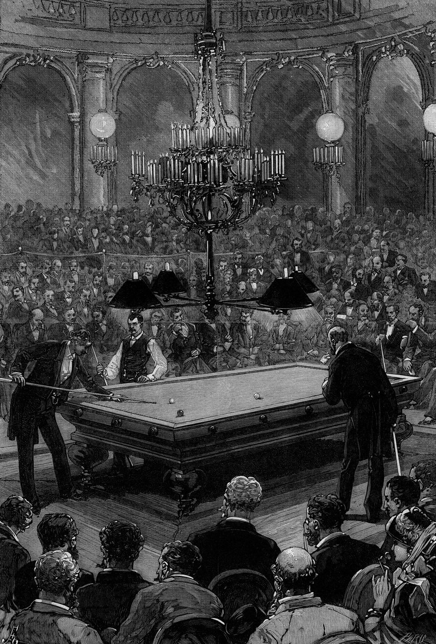 Das große internationale Billardspiel zwischen Mr. Slosson, amerikanischer Meister, und Mr. Vignaux, französischer Meister, im Zodiaque-Saal des Grand Hotel de Paris von Frederic de Haenen