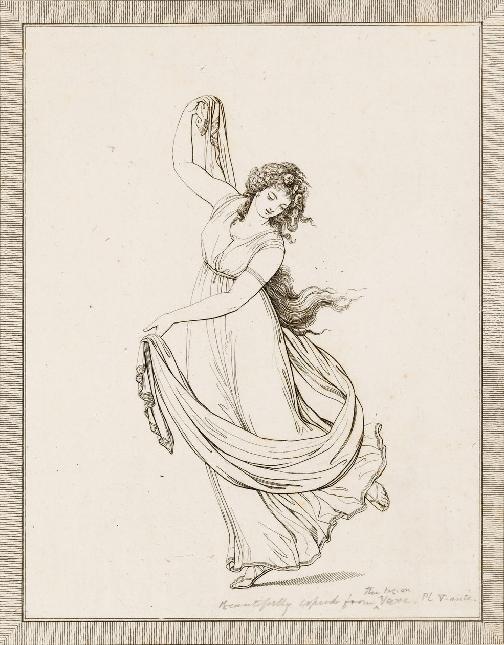 Emma, Lady Hamilton, in einer klassischen Pose, tanzend und auf ihrem rechten Fuß balancierend von Frederich (after) Rehberg