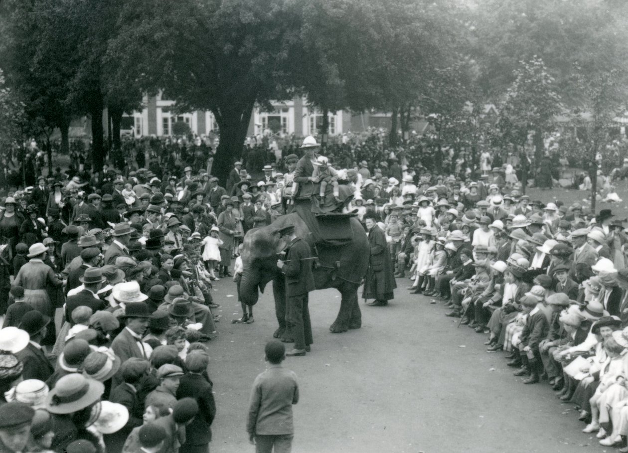 Menschenmengen beobachten eine Elefantenfahrt im Londoner Zoo, August Bank Holiday, 1922 von Frederick William Bond