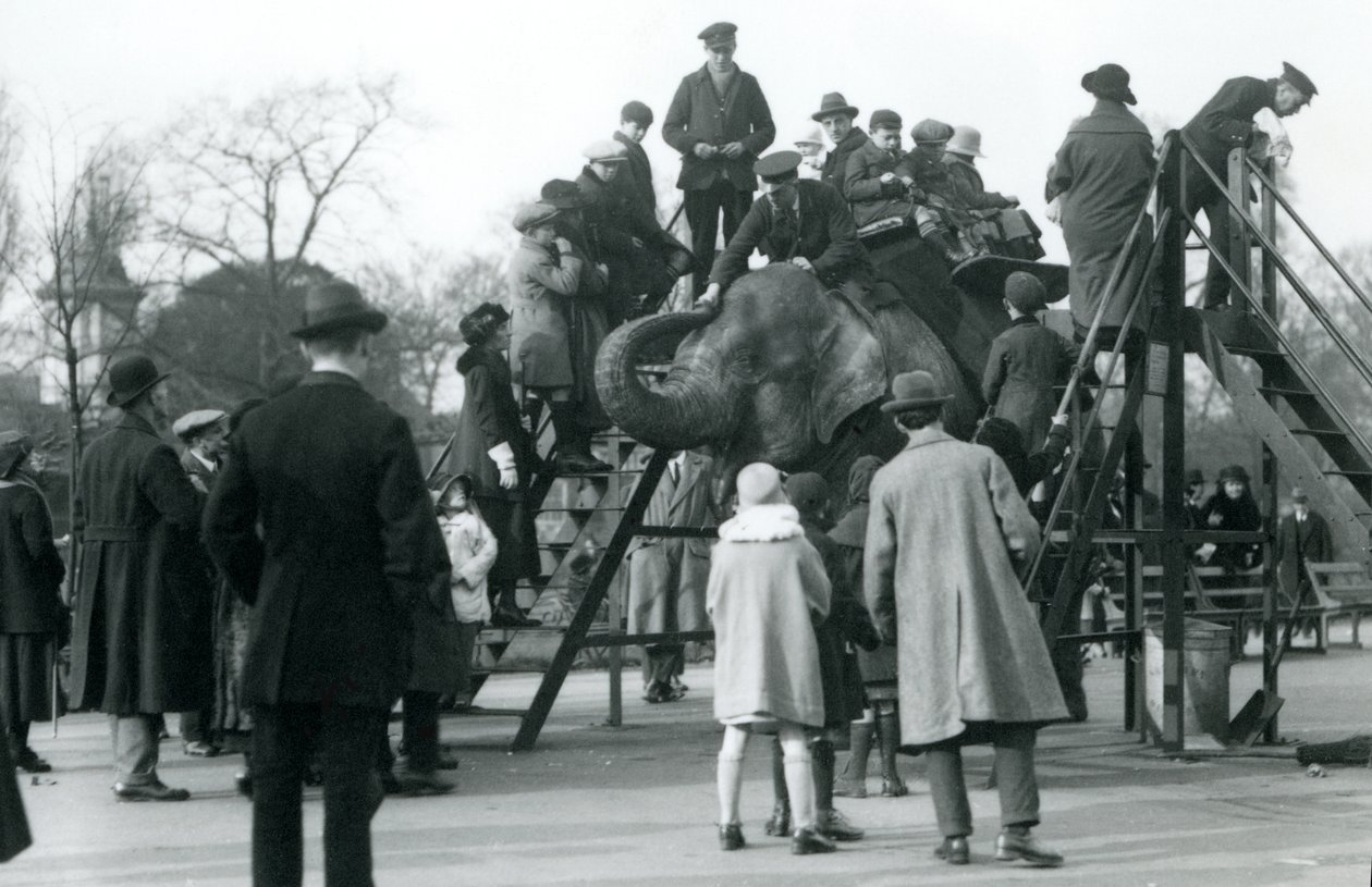Zuschauermengen beobachten Besucher beim Elefantenreiten, überwacht von Pfleger Arthur Church, April 1923 von Frederick William Bond