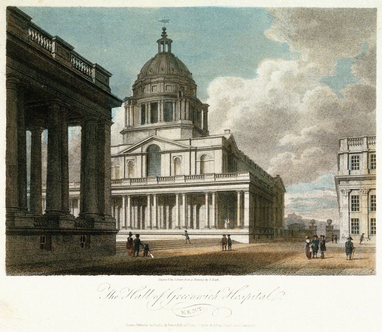 Ansicht des Greenwich Hospital (Kent, England), Beschreibung der Kuppel und der nordöstlichen Ecke des Hofes von König Wilhelm, mit der Nordfassade der dahinter gemalten Halle und einem Teil des Hofes und der Kapelle von Königin Maria von Frederick (after) Nash