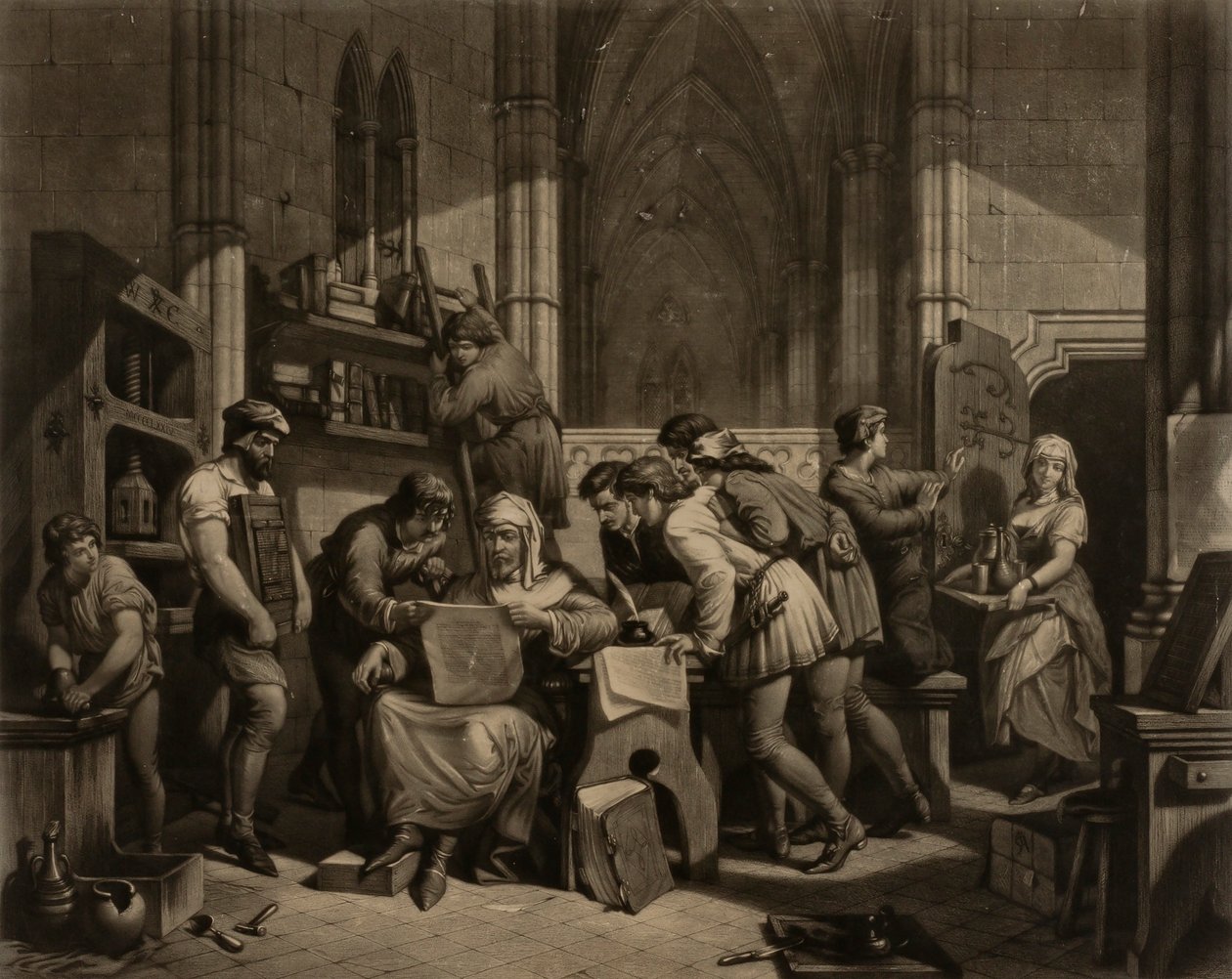 William Caxton--Erste Korrekturabzug von seiner Druckerpresse in der Westminster Abbey, A.D. 1474 von Frederick Bacon