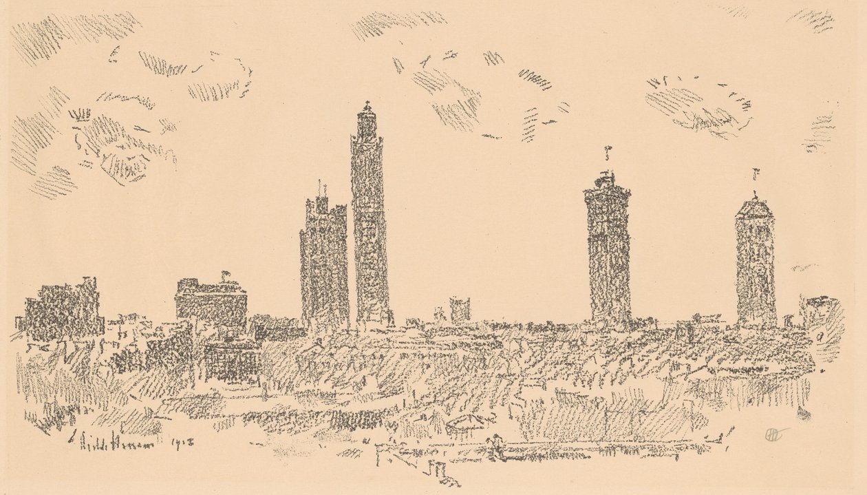 New York Skyline, Dunkle Gebäude, 1918 von Frederick Childe Hassam