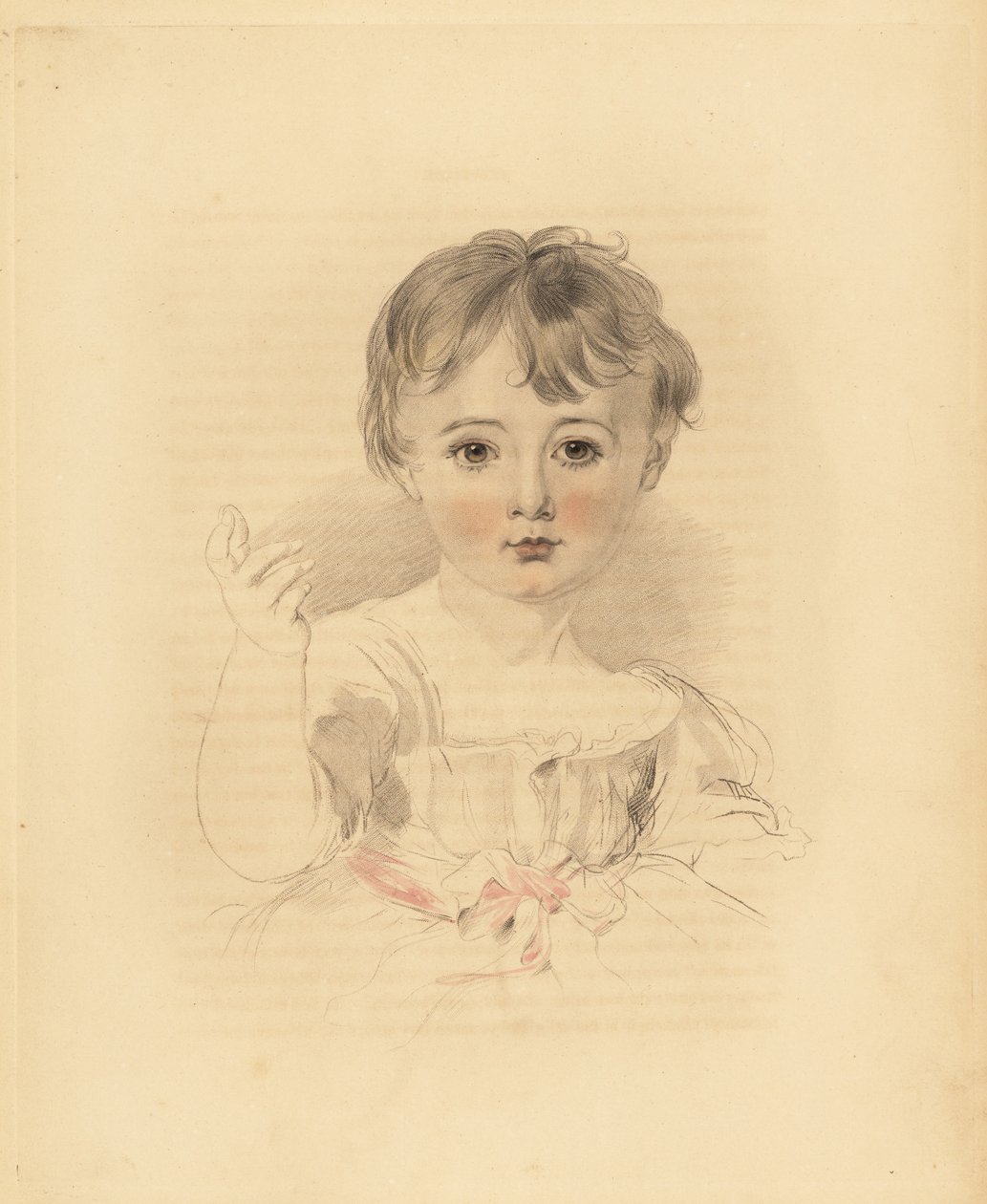 Porträt von Thomas Lawrence Bloxam, Neffe von Sir Thomas Lawrence. In Kleid mit rosa Schleife. Handkolorierter Stich von Frederick Christian Lewis nach einer Illustration von Sir Thomas Lawrence aus P.G. Patmores Cabinet of Gems, Ackermann, London von Frederick Christian Lewis