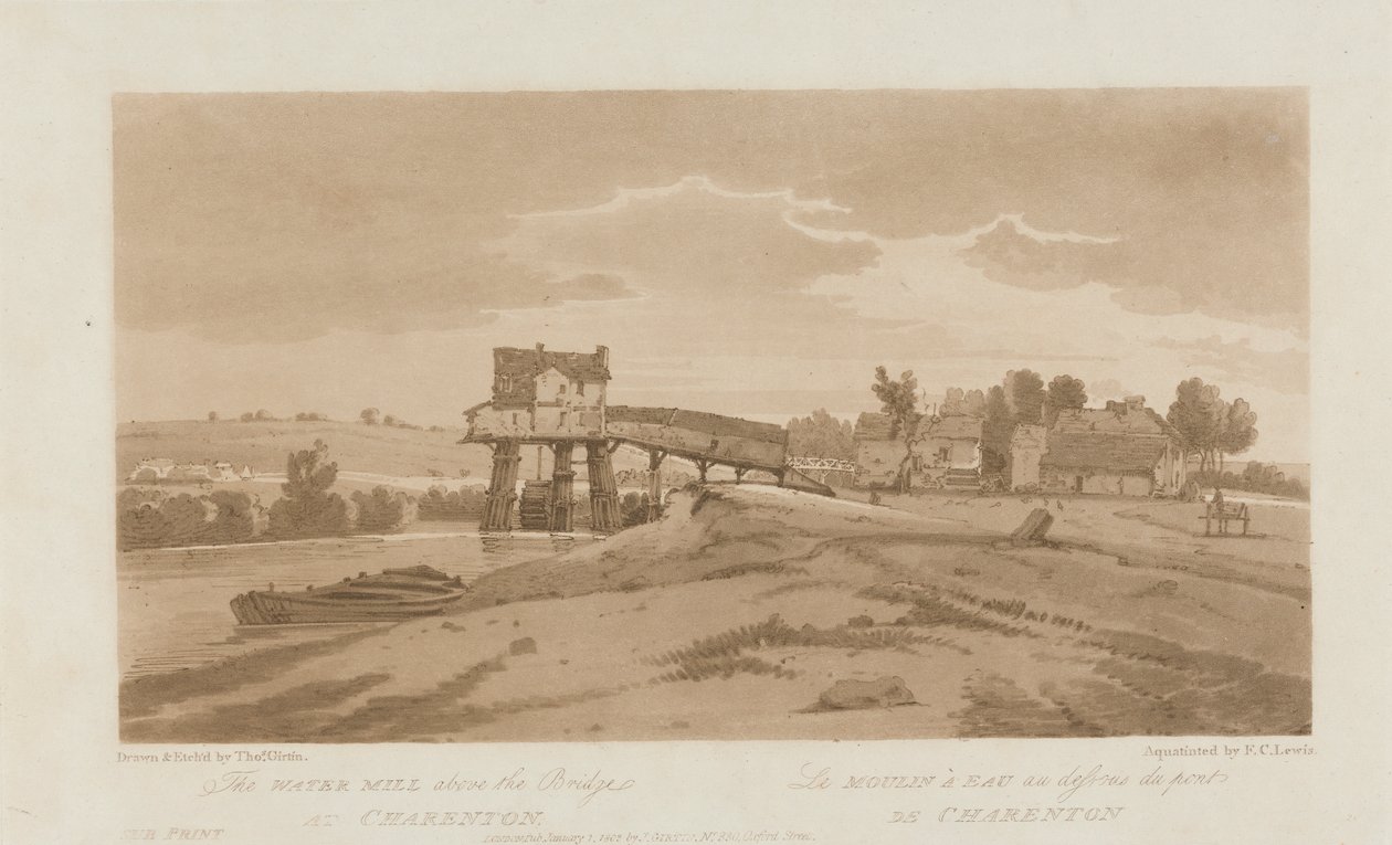 Die Wassermühle über der Brücke bei Charenton 1803; Platte 20 aus Ansichten von Paris, das Emanuel-Volumen Nachzeichnung der Platte B181.25.2629 von Frederick Christian Lewis the Elder