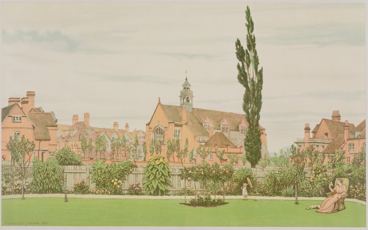 Kirche und Pfarrhaus, Bedford Park, 1881 von Frederick Hamilton Jackson