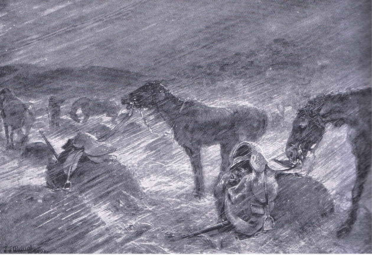 Ein südafrikanischer Hagelsturm, aus After Pretoria: Der Guerillakrieg veröffentlicht von Harmsworth Bros Limited, 1901 von Frederick Judd Waugh