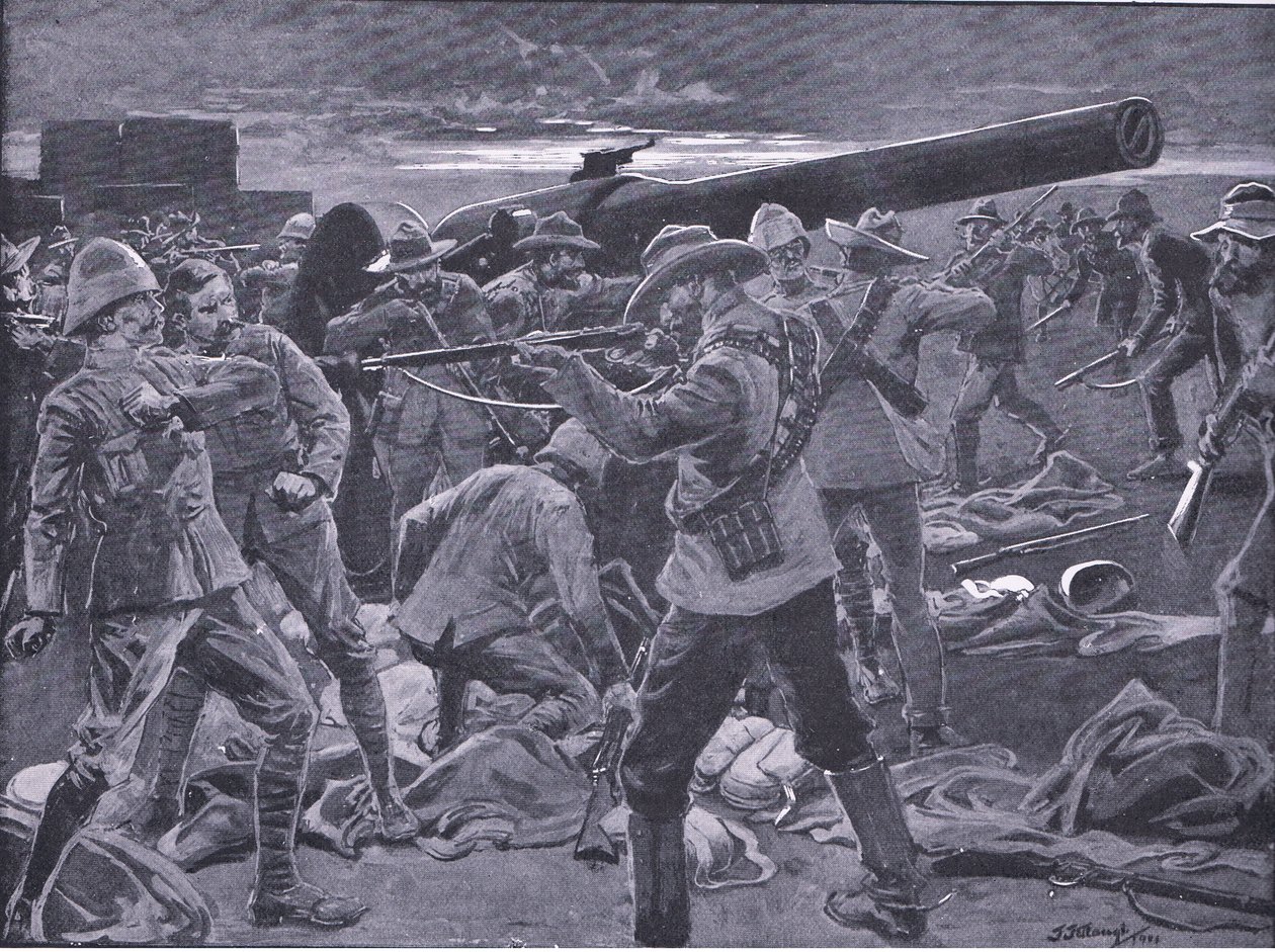 Der Angriff auf Gun Hill: Die Kanoniere der Marine 47 überrascht, aus After Pretoria: Der Guerillakrieg veröffentlicht von Harmsworth Bros Limited, 1901 von Frederick Judd Waugh