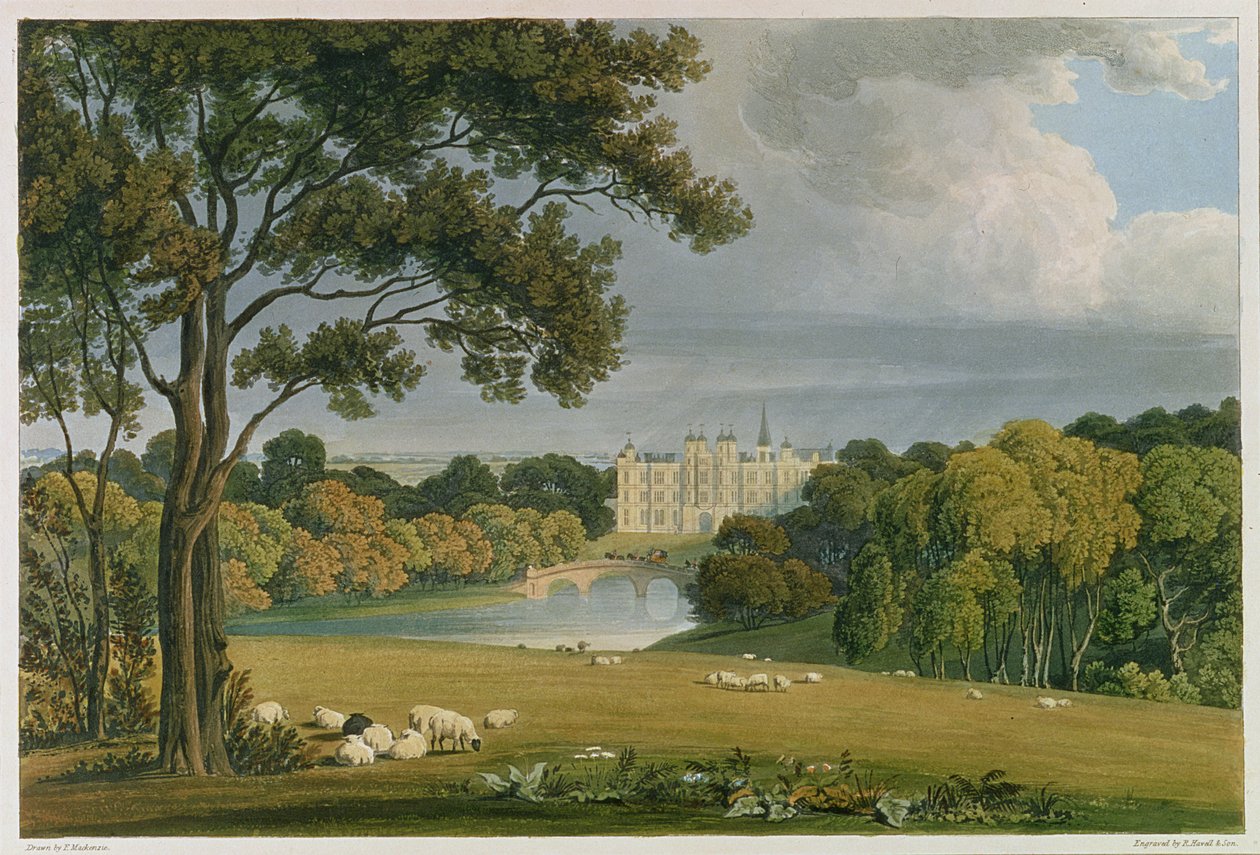 Ansicht von Burghley House, Sitz des Marquis von Exeter, graviert und veröffentlicht von Robert Havell (1769-1832), 1819 (Farbstich) von Frederick Mackenzie