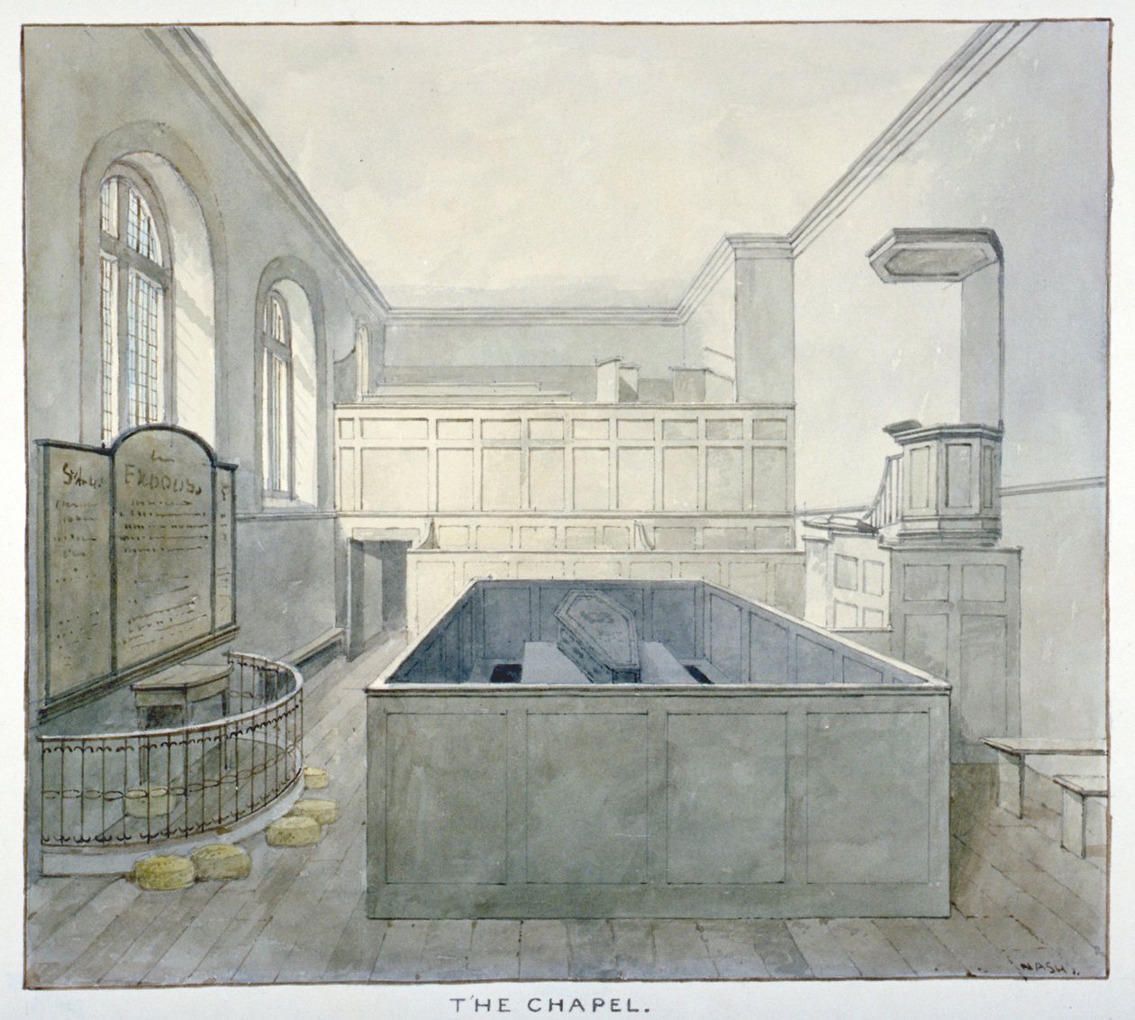 Innenansicht der Kapelle im Newgate-Gefängnis, Old Bailey, City of London von Frederick Nash