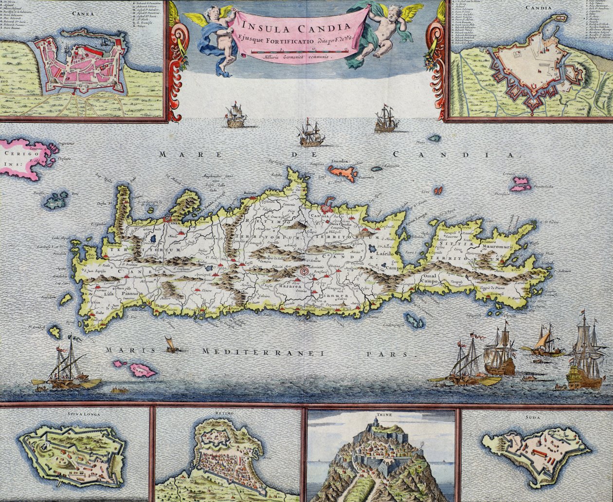 Karte der Insel Candia (Kreta) mit dem Seehafen von Heraklion, ca. 1680 von Frederick de Wit