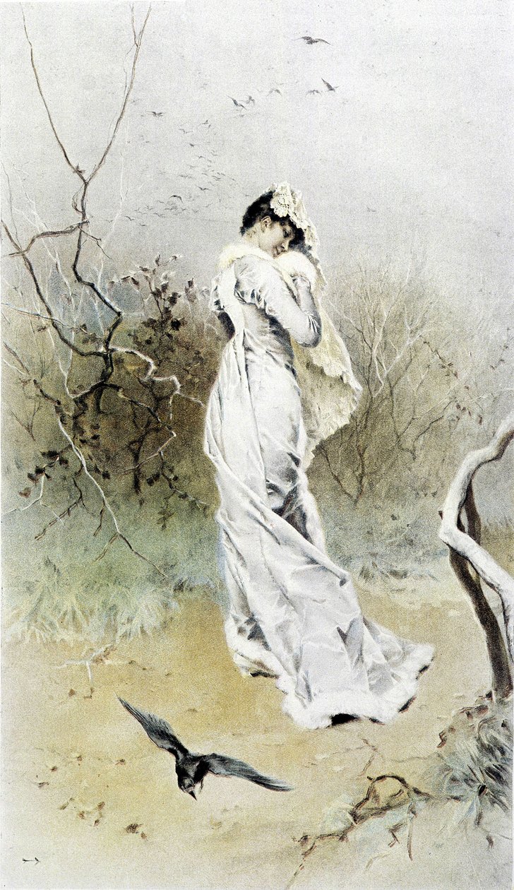 Frau im Wald - Allegorie des Frühwinters, Kalender illustriert von Hubert Dys, gemalt von F.H. Kaemmerer von Frederik Hendrik Kaemmerer