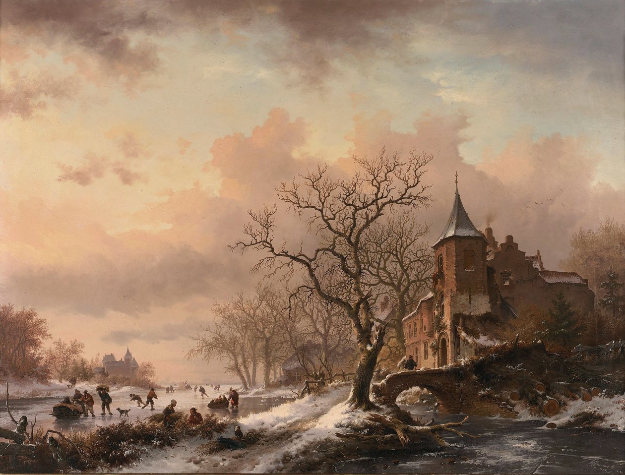 Schloss in einer Winterlandschaft und Schlittschuhläufer auf einem zugefrorenen Fluss von Fredrik Marinus Kruseman