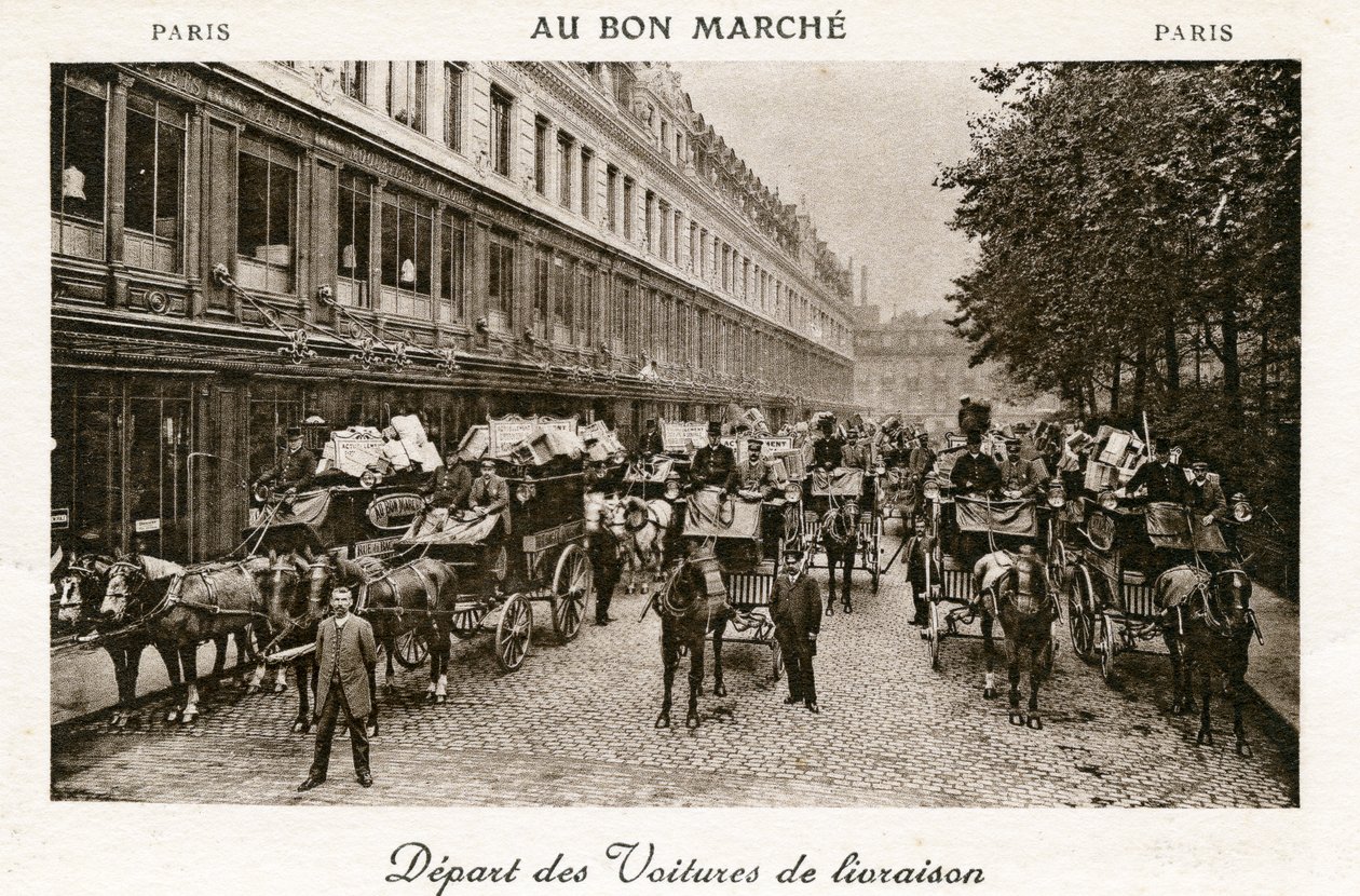 Abfahrt der Lieferwagen vom Bon Marché Kaufhaus, Paris, ca. 1890 von French Photographer