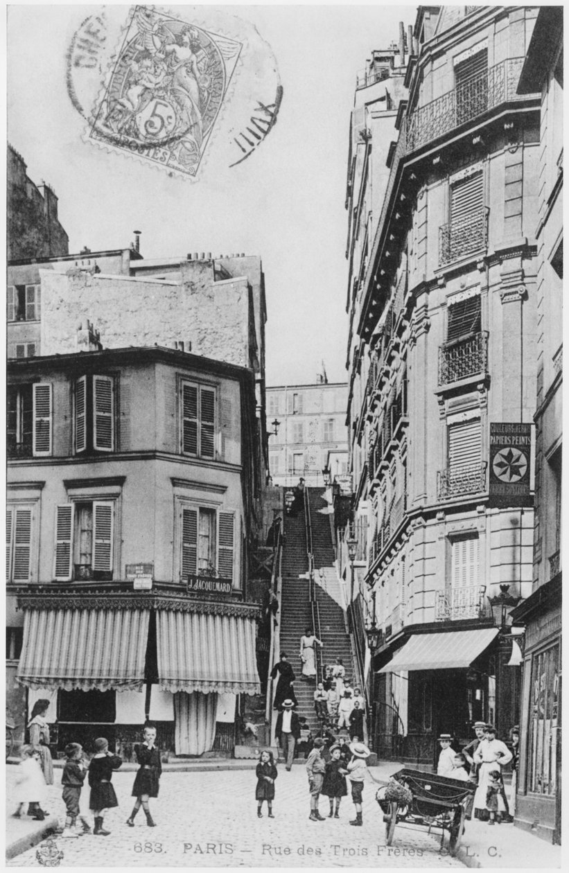 Postkarte mit der Rue des Trois Freres in Paris, um 1900 von French Photographer