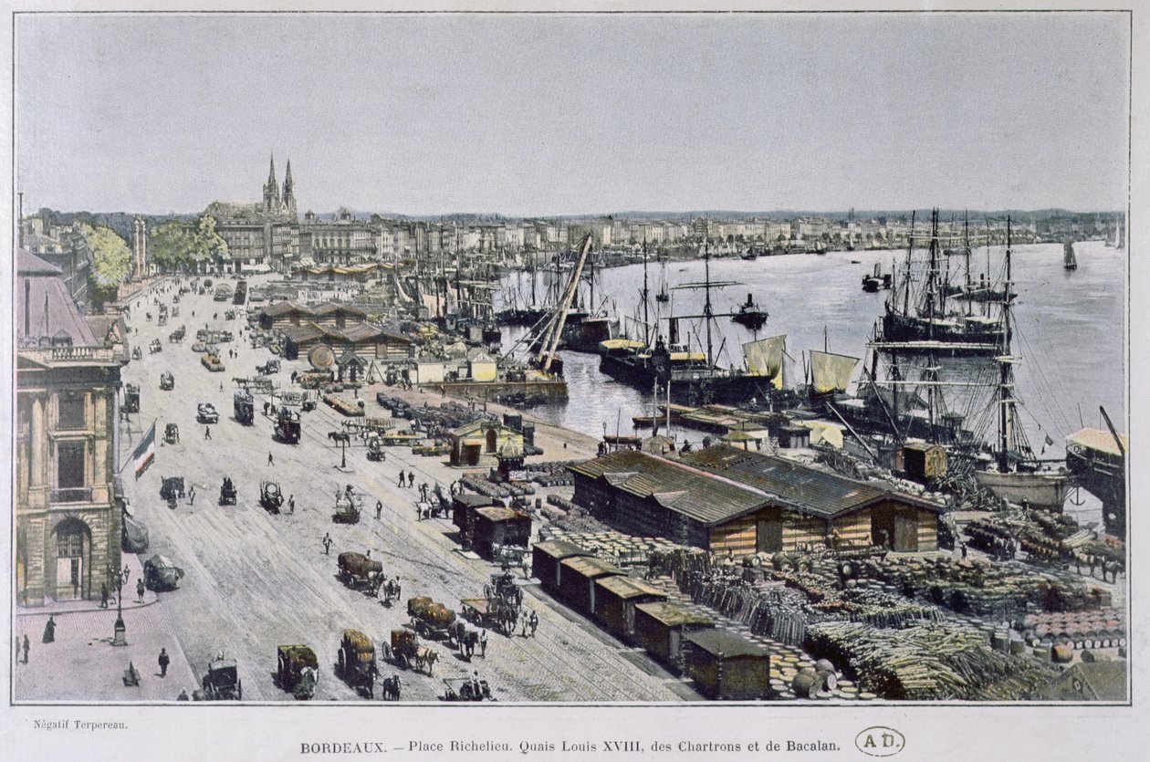Blick auf den Hafen von Bordeaux mit Place Richelieu und den Quais Louis XVIII, des Chartrons und de Bacalan, späte 19. Jahrhundert von French Photographer