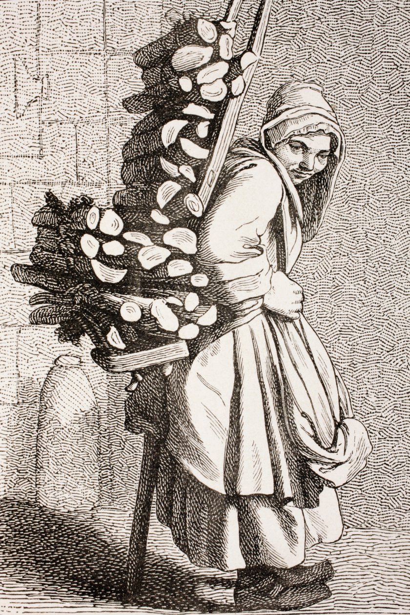 Eine Frau, die Brennholz zum Verkauf im Paris des 18. Jahrhunderts trägt, 1875 von French School