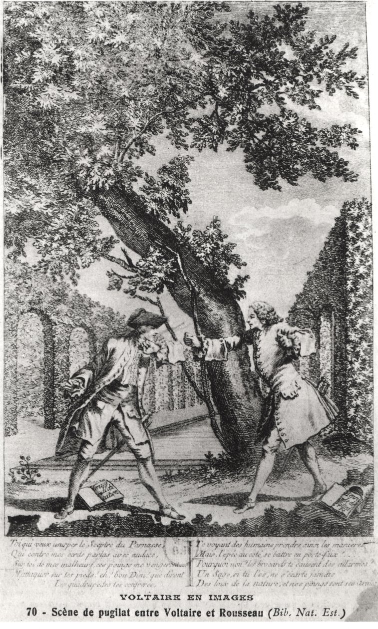 Streit zwischen Jean-Jacques Rousseau (1712-78) und Voltaire (1694-1778) von French School
