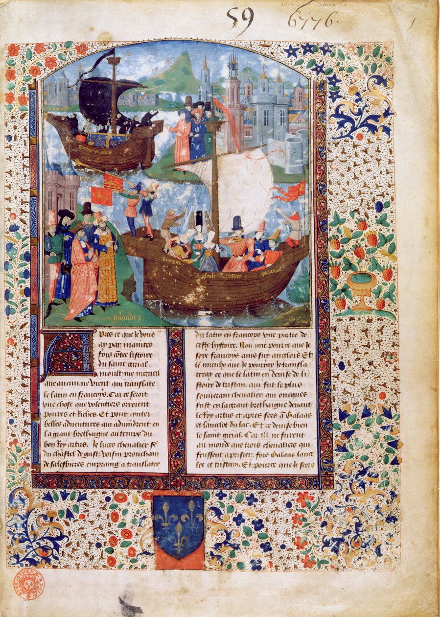 B.N.Ms. Fr 103 f.1 Tristan und Isolde verlassen Irland; Tristan trinkt den Trank; die Leichen von Tristan und Isolde werden nach Irland gebracht, übersetzt von Luce de Gast von French School