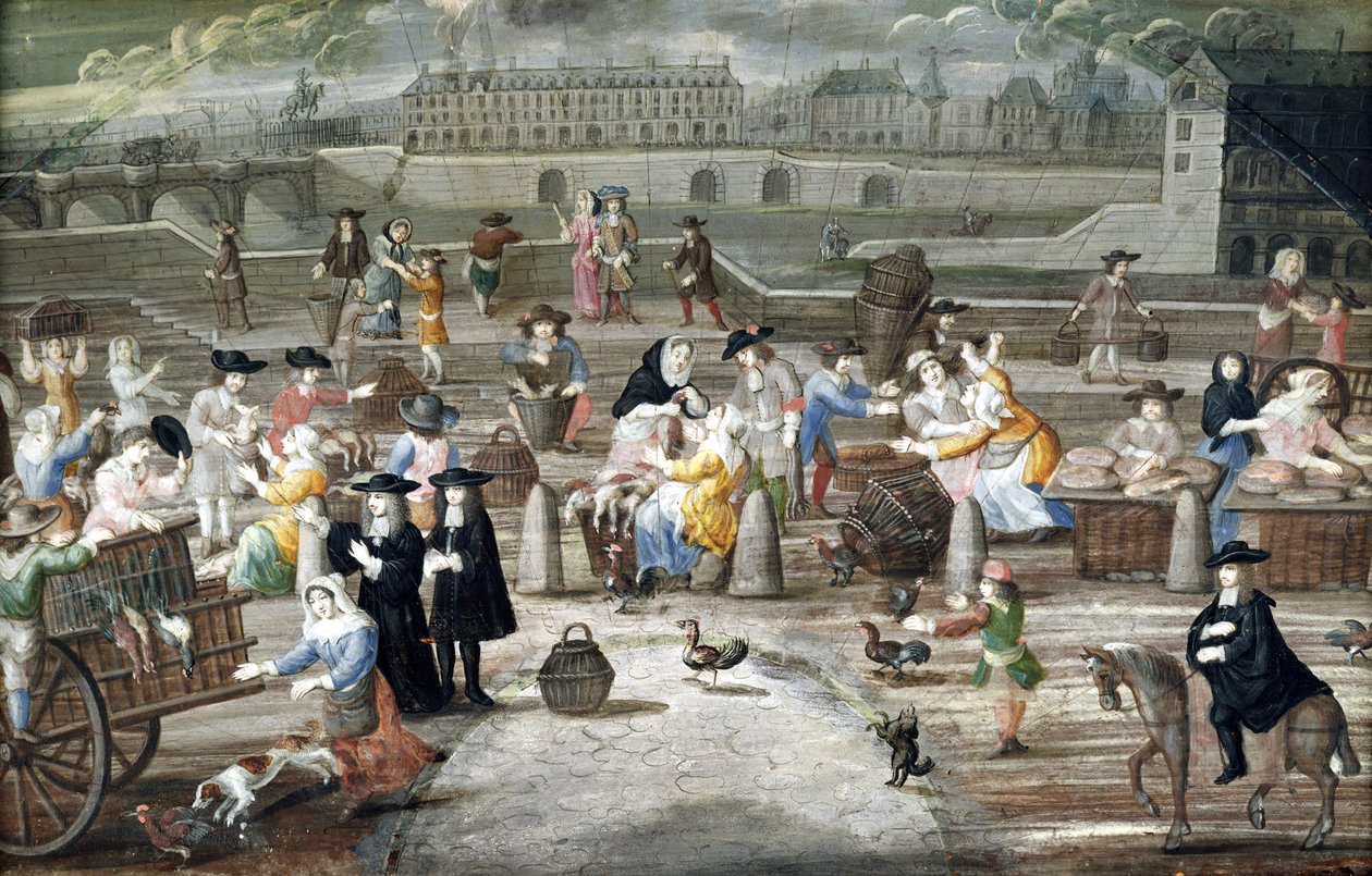Brot- und Geflügelmarkt am Quai des Grands Augustins, gemalt für einen Fächer von French School