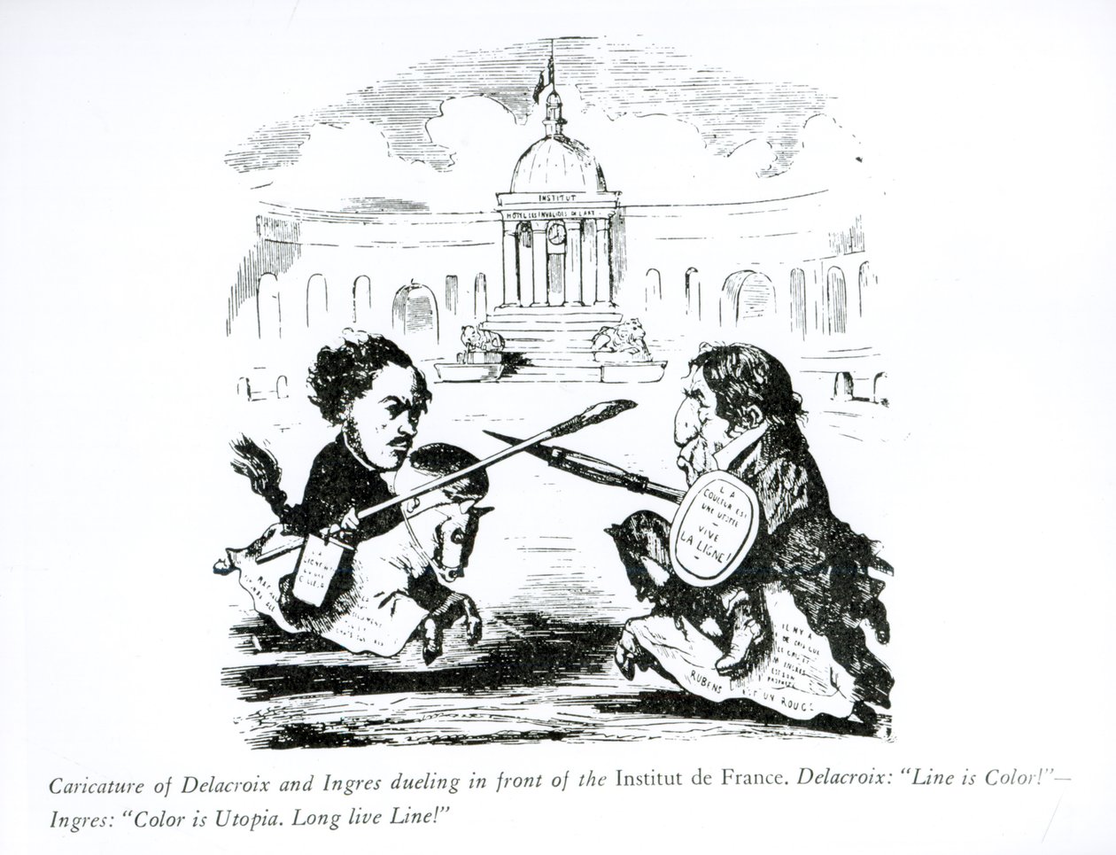 Karikatur von Delacroix und Ingres im Duell vor dem Institut de France, ca. 1828 von French School