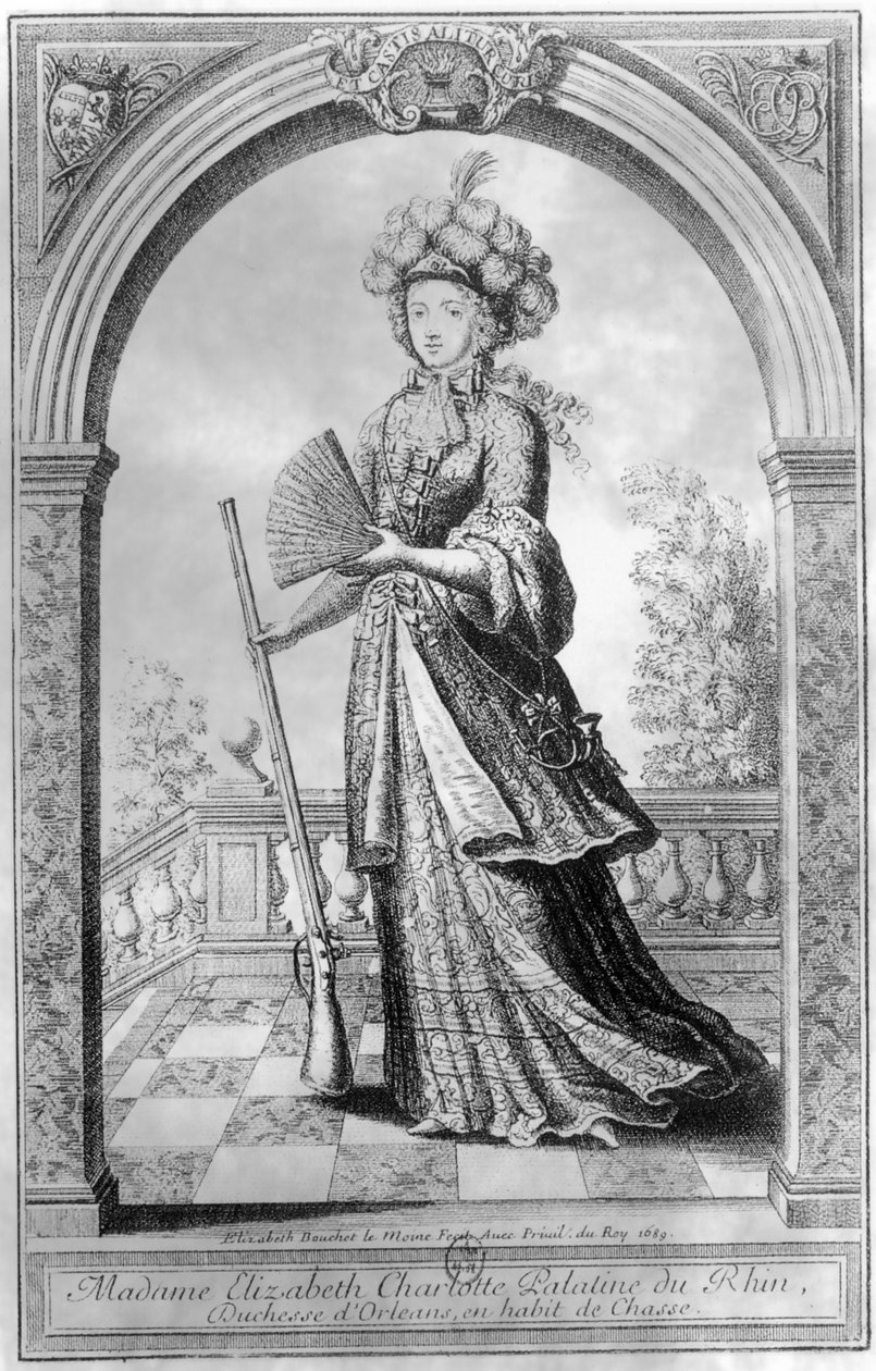 Elisabeth Charlotte von der Pfalz, Herzogin von Orléans, im Jagdkostüm, 1689 von French School