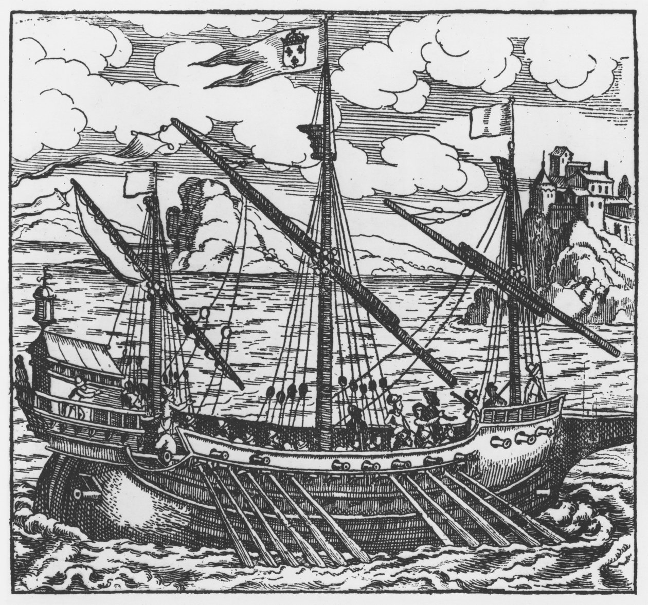 Französische Galeere, die seit Ludwig XI. (1423-83) in den Häfen des Levante operiert (Xylographie) von French School