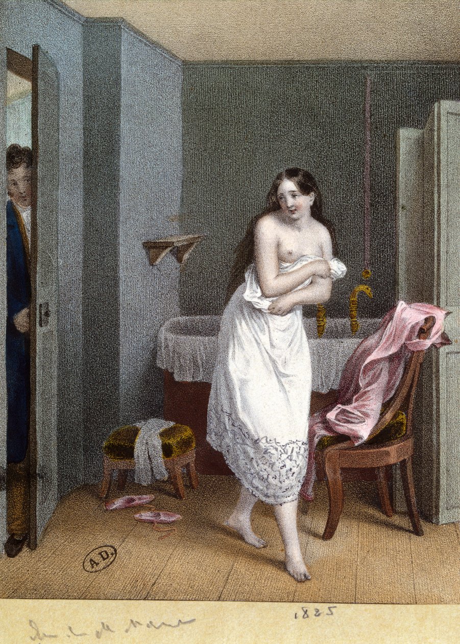 Mädchen im Badezimmer und Mann öffnet die Tür von French School