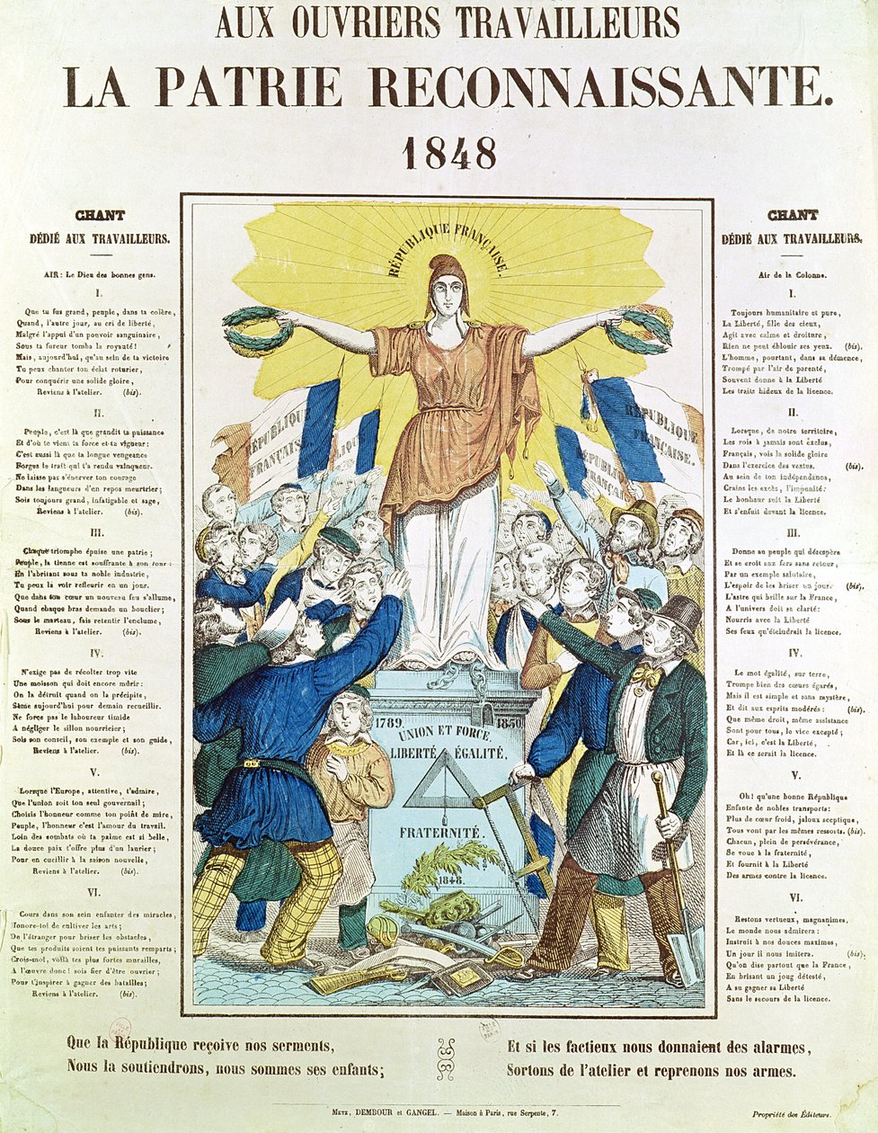 Illustrierter Liedtext für ein Lied, das den Arbeitern gewidmet ist, 1848 von French School