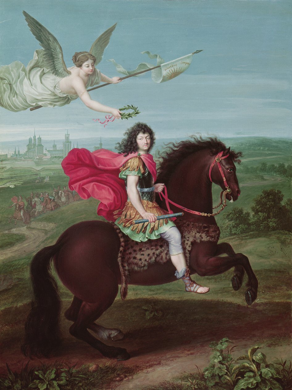 Porträt von Ludwig XIV. (1638-1715), Frontispiz für ein Buch mit Militärkarten von French School