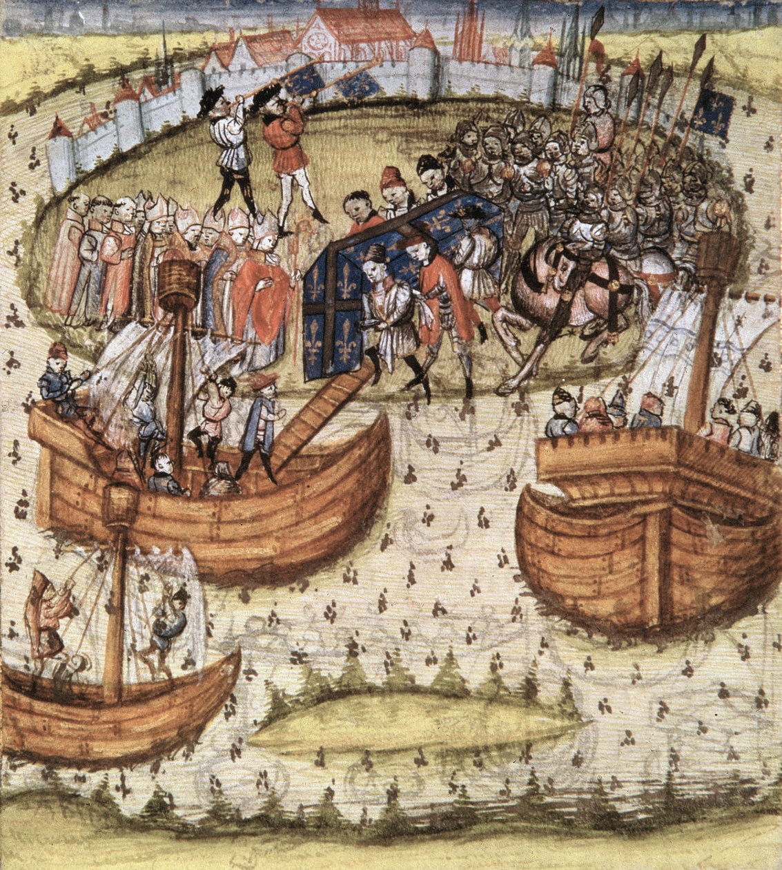 Die Kreuzfahrer verladen den Sarg von St. Louis in Tunis im Jahr 1270, aus den Grandes Chroniques de France, 1450 von French School