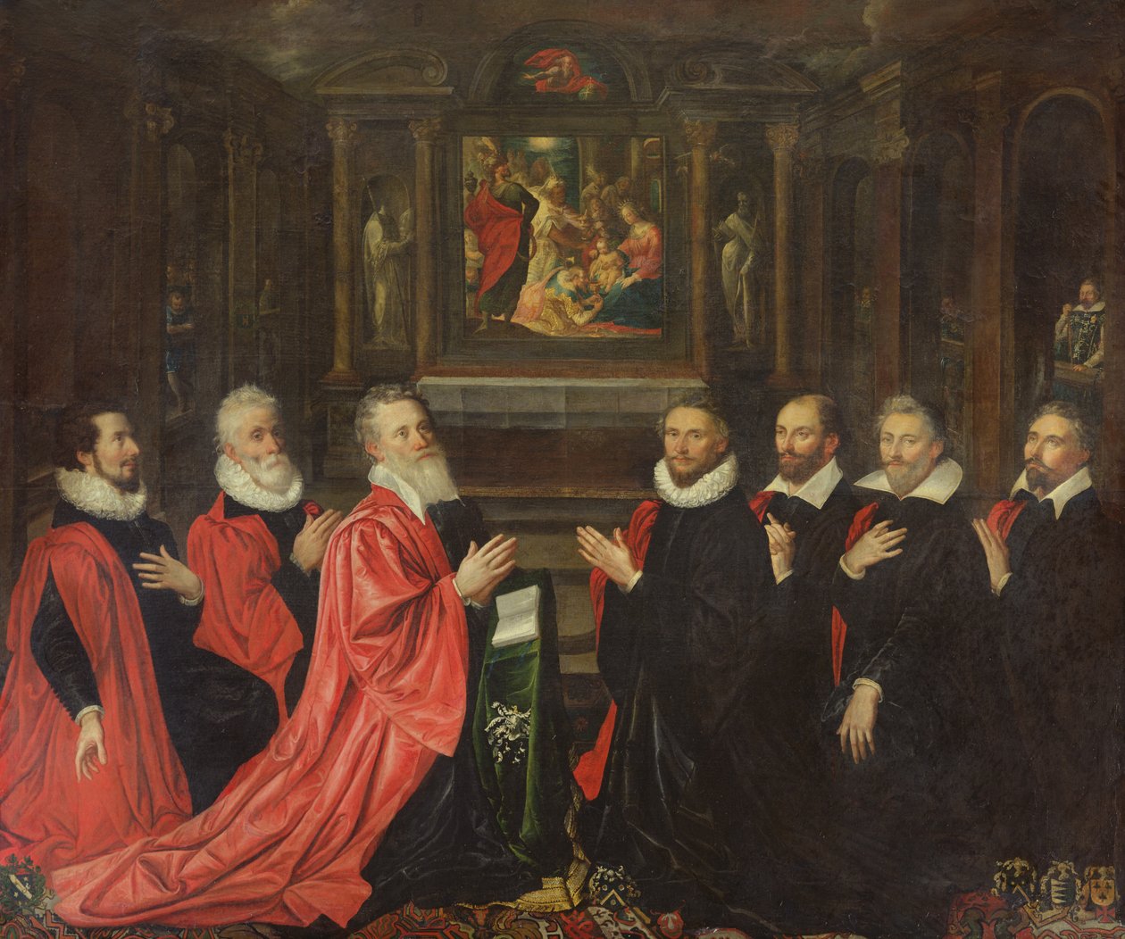 Das Corps de Ville betet vor einem Altarbild der Geburt Christi, 1614 von French School