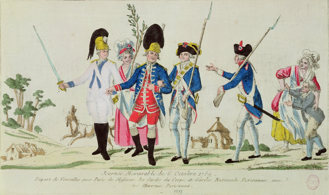 Der denkwürdige Tag des 6. Oktober 1789, Abreise von Versailles nach Paris: die Gardes du Corps, die Pariser Nationalgarde und Pariser Heldinnen von French School