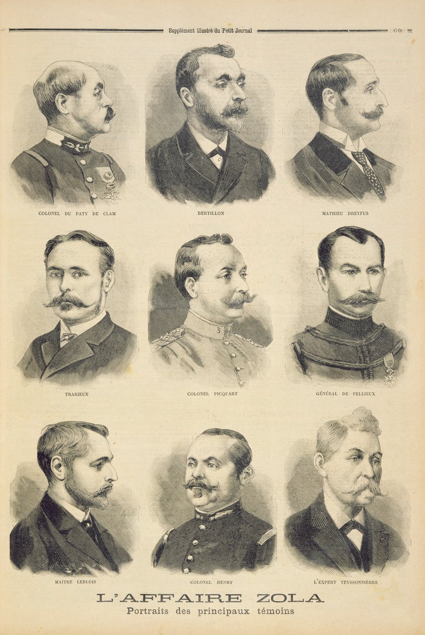 Die Zola-Affäre: die Hauptzeugen, Illustration aus dem illustrierten Supplement von Le Petit Journal, 27. Februar 1898 von French School